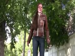 Nerdy slutwife Olga pees her panties in the street in public pissing video 